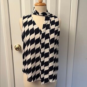 Ann Taylor Sleeveless Navy & White Wave Print Scarf-Neck Top